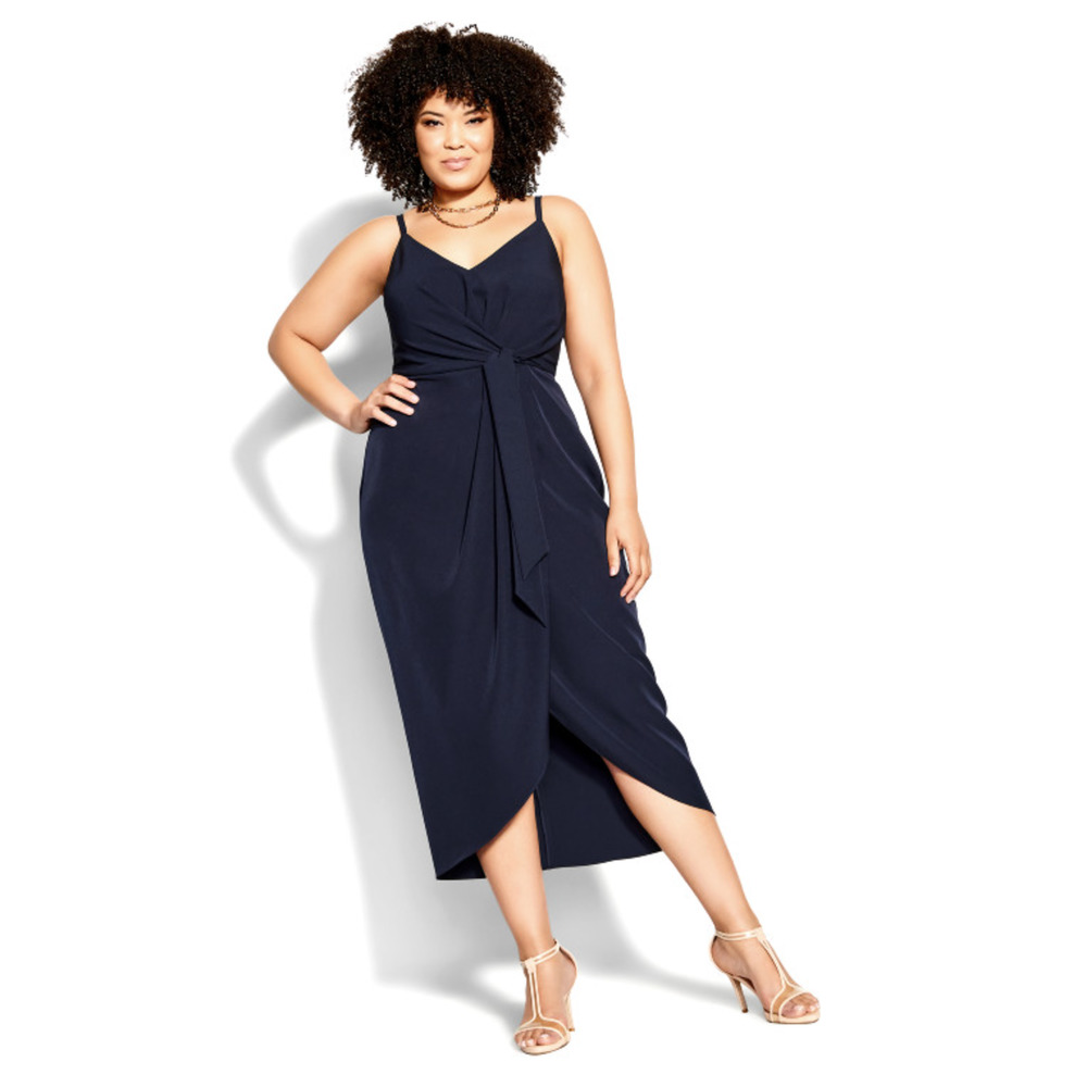 Navy Wrap Midi Dress with Tie Waist